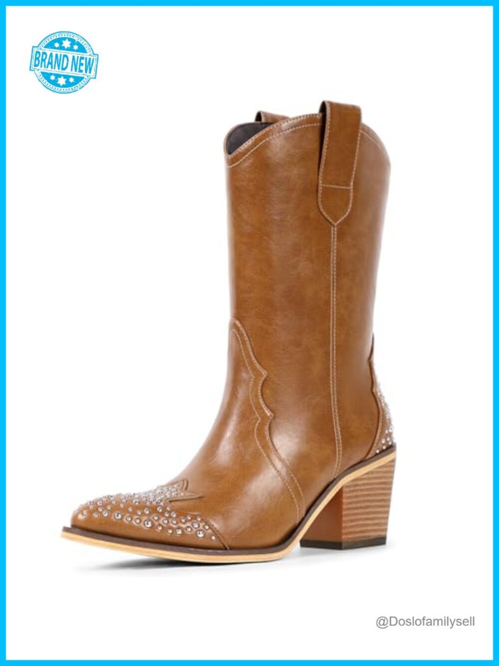 Studded Mid Calf Cowboy Boots Pointed Toe Side Zipper Faux Leather